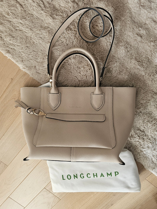 Sac cabas Longchamp taupe en cuir grainé