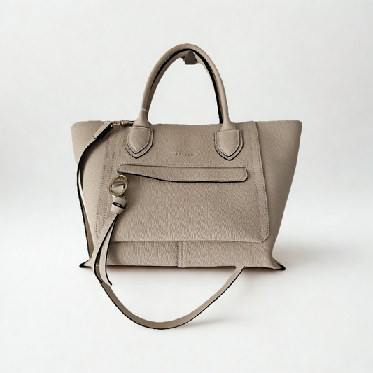 Sac cabas Longchamp taupe en cuir grainé